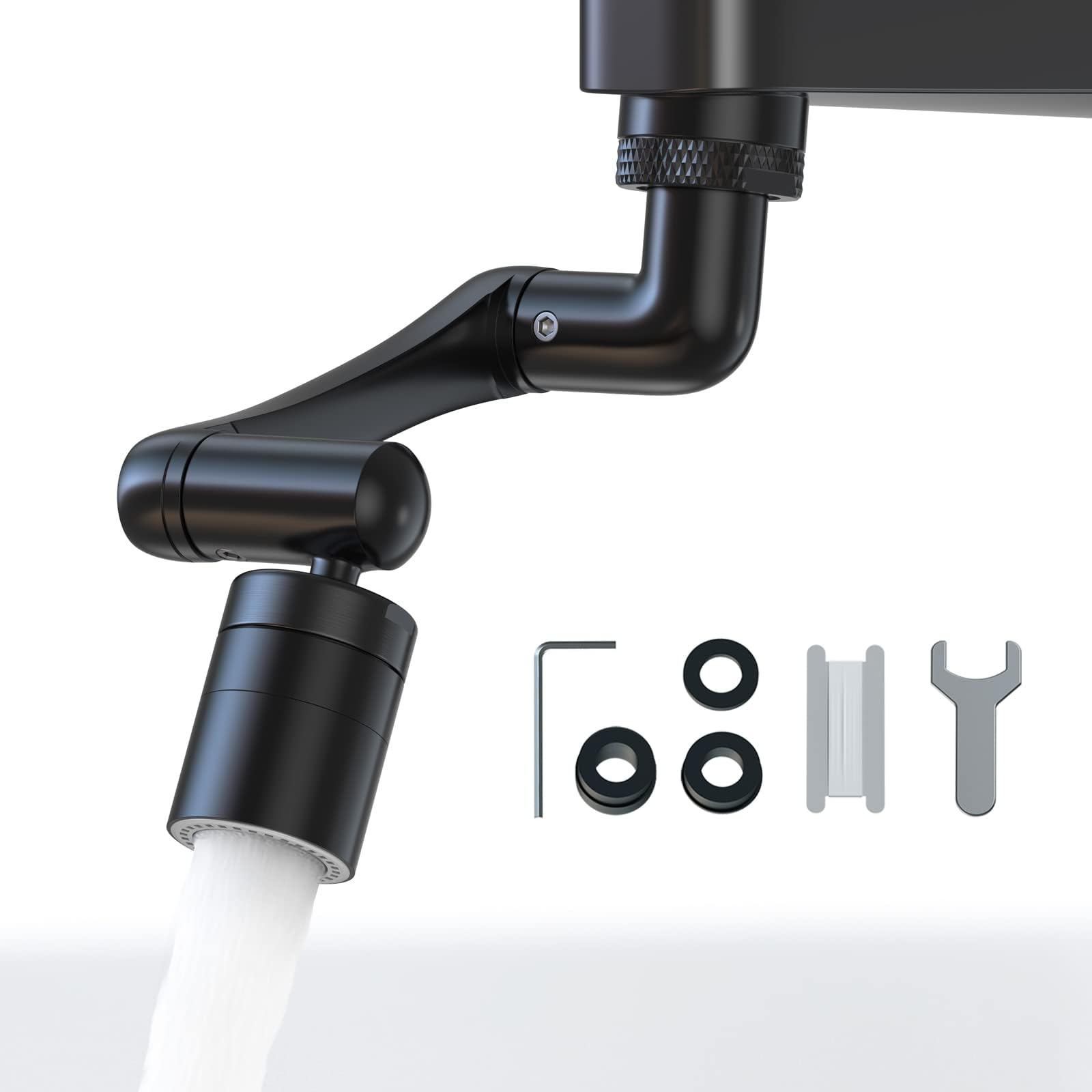 Aoresac 1440° Swivel Faucet Extender, Faucet Aerator Extender with Splash Filter Robotic Arm Extension Faucet Aerator Sink Face Wash Attachment for Kitchen Sink Bathroom (Black)