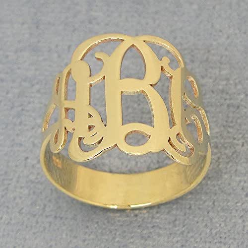 Solid 14k Yellow Gold 3 Initials Monogram Ring Personalized