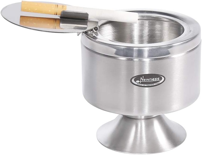 Newness Ashtray with Lid and Pedestal Base, Windproof Detachable Stainless Steel Cigarettes Ashtray for Indoor or Outdoor Use, Home & Office Desktop Modern Flip Top Ash Tray Ash Bucket for Smokers