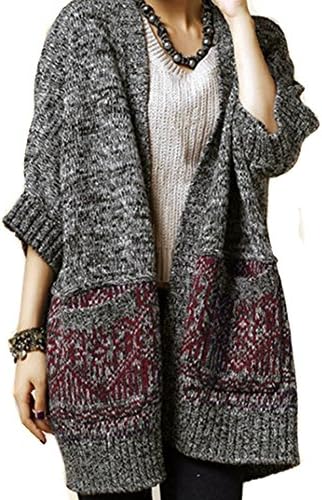 LOCOMO Women Gray Knit Crochet Batwing Baggy Loose Cardigan FFJ022RED