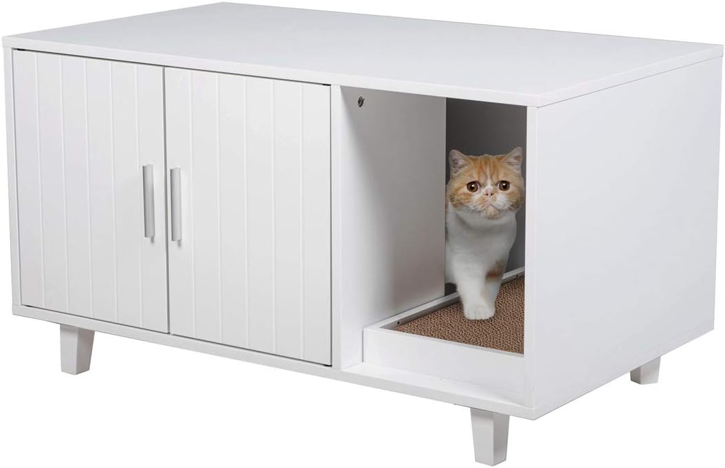 GOOD LIFE USA Modern Wood Pet Crate Cat Washroom Hidden Litter Box Enclosure Furniture House Table Nightstand with Cat Scratch Pad