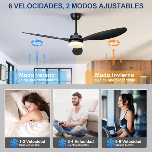 Ventilador de techo moderno de 42" con luz LED, 3 aspas ABS negras, control remoto, 5 velocidades, luz regulable, interiores y exteriores