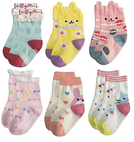 Deluxe Anti Slip Non Skid Crew Socks With Grips For Baby Toddler Kids Girls (3-5 Years, 6-designs/set6)