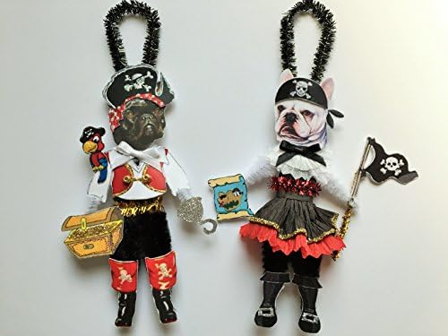 French Bulldog PIRATE &amp; Wench HALLOWEEN ORNAMENTS Vintage Style Dog Chenille Ornaments Set of 2