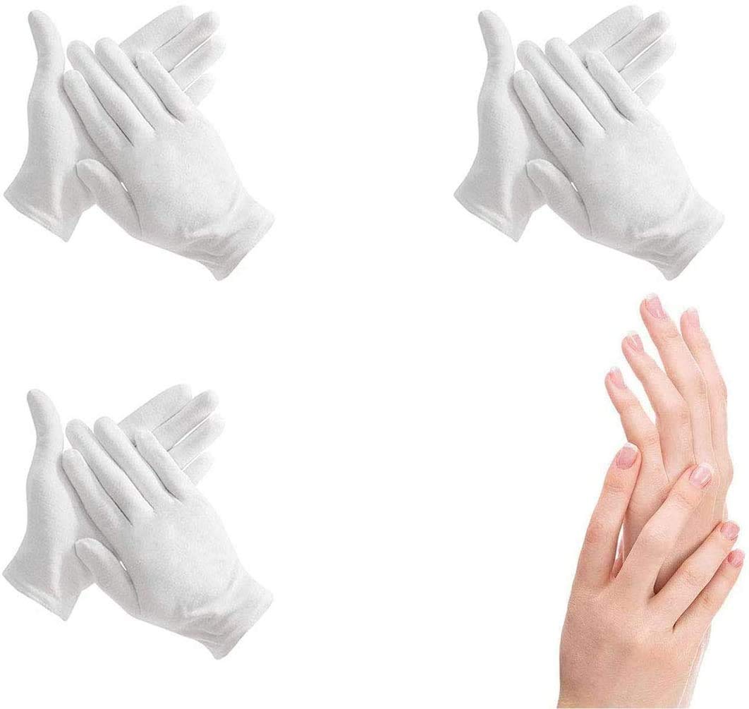 3 Pairs Cotton Moisturizing Gloves Over Night Bedtime White Cotton Cosmetic Inspection Premium Cloth Quality Eczema Dry Sensitive Irritated Skin Spa Therapy Secure Wristband One Size