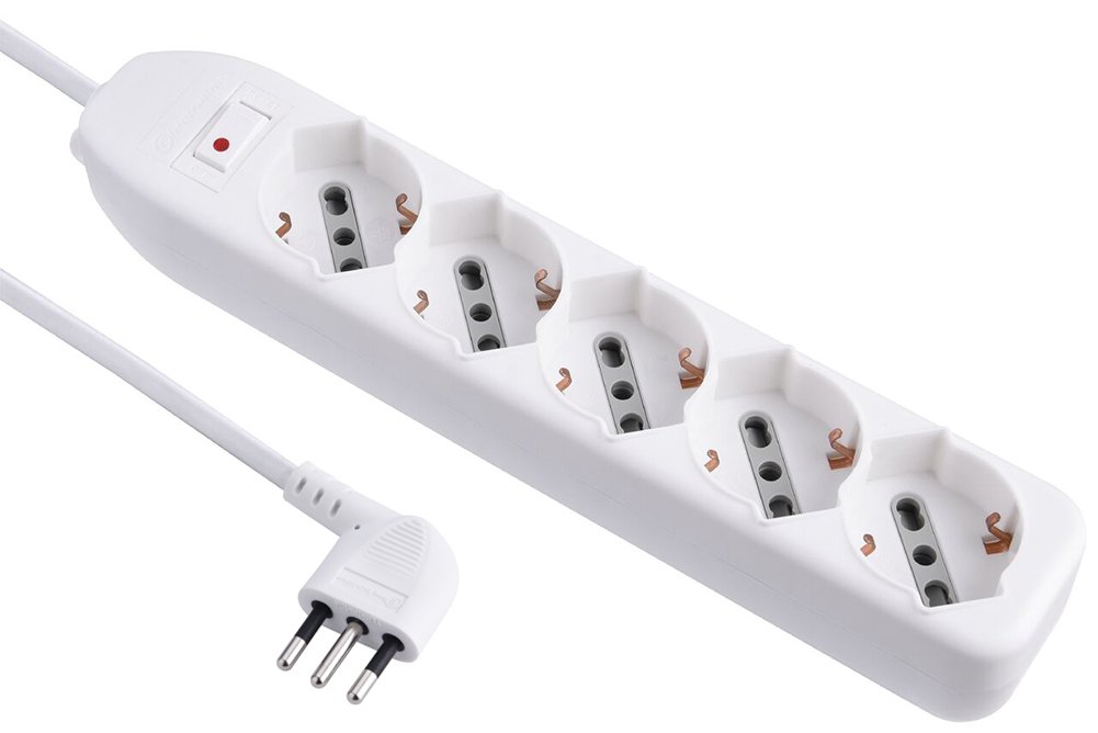 Electraline 62064 Mehrfachsteckdose 5 Sitzer Blasenfolie (Schuko + 10/16 A) Kabel 1,5 m – Stecker klein 10 A, weiß, 62064