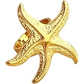 Vintage Starfish Statement Ring For Women Gold-Tone Plated Stainless Steel Fashion Adjustable Spiral Ocean Sea Style Open Wrap Finger Rings Comfort Fit Chic Holiday Summer Party Jewelry Dainty Gift