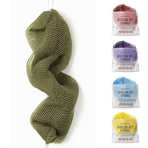 Nubiana African Net Sponge Authentic with Knots - 45 Inch Handwoven Nigerian Exfoliating Body sponges w/Rope Handles & Vibrant Colors, Rich Lather, Quick-Drying, Reusable Spa-Style (Olive Green)