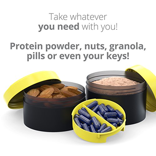 BluePeak Stacker Protein Shaker Bottle 22-Ounce, 2-Pack ProStak. Attachable Storage Containers (100 & 150cc) and Pill Tray Included. BPA Free (Black &Yellow)