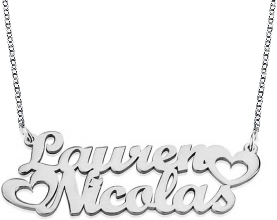 Ouslier 925 Sterling Silver Personalized Double Name Necklace with Cut Out Heart Custom Made with 2 Names