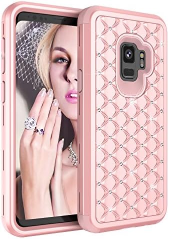 Galaxy S9 Case, AOKER 3 IN 1 Luxury Bling Crystal Dimond Hybrid Heavy Duty [Drop Defense] Shockproof Impact Protection Anti Slip Defender Protective Case for Samsung Galaxy S9 2018 (Rosegold-R)