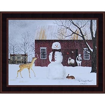 Home Cabin Décor The Friendly Beasts by Billy Jacobs 15x19 Barn Snow Snowman Deer Cow Sheep Bunny Framed Art Print Picture