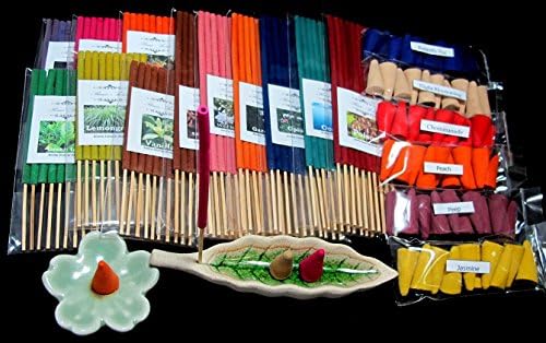 Refreshed by the aromatherapy set, 6 packs of 10 aroma incense tube 5”, 6 packs of 10 small size incense tube 3”, 6 packs of 10 aroma Incense cones &amp; 2 handmade ceramic Incense burner (FL67)
