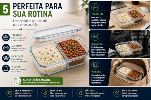 Pote Marmita de Vidro Borossilicato com Divisória | Hermético 2 Compartimentos 1040ml | Freezer Micro-ondas Livre BPA