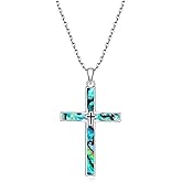 Iringnier Cross Necklace 925 Sterling Silver Turquoise Abalone Cross Pendant Necklace Religious Jewelry Gifts