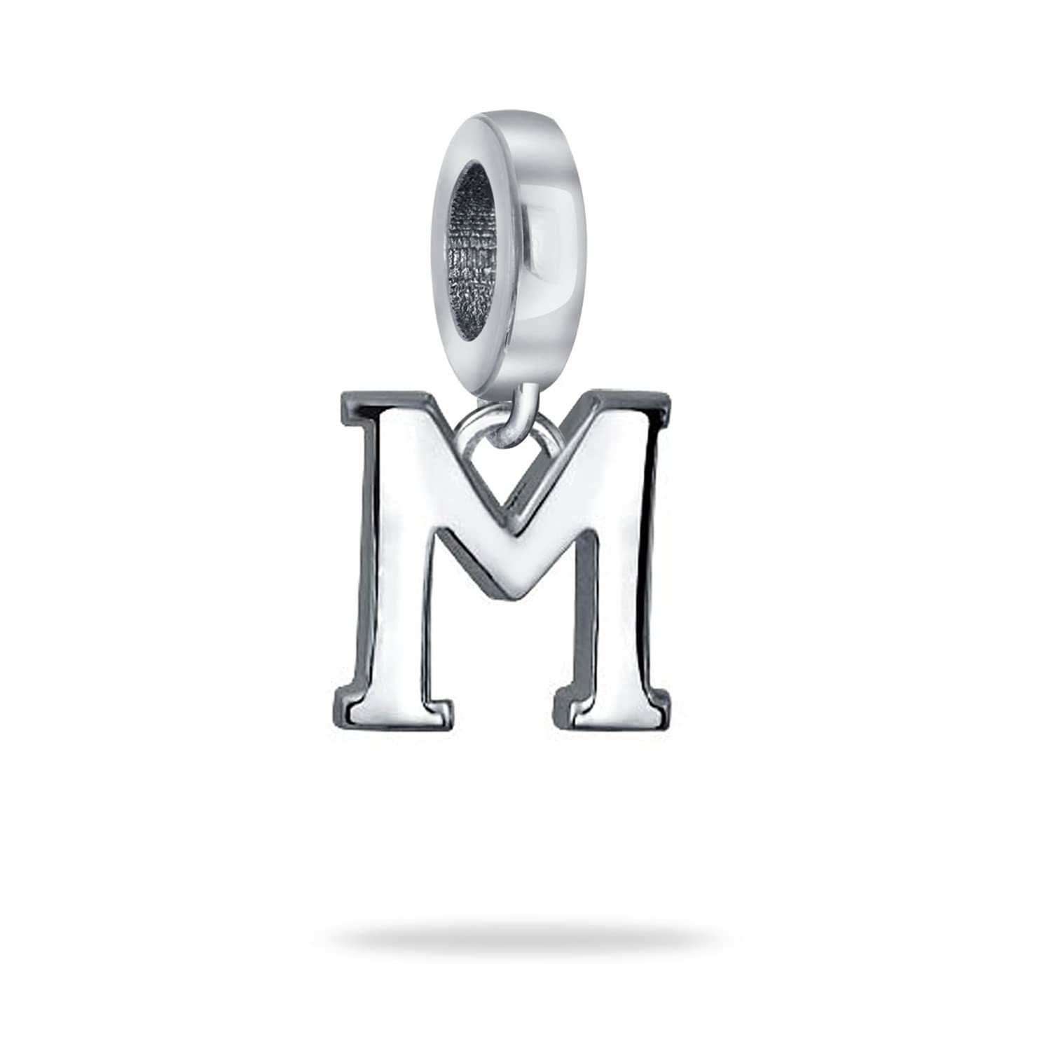 Bling Jewelry Personalized Gift Block Letter M Alphabet Initial Dangle Charm Bead For Women For Teen .925 Sterling Silver For European Bracelet
