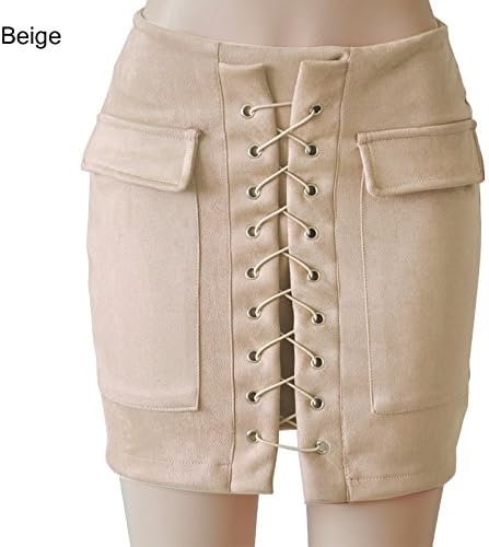 Ajclub Women's Sexy Vintage Lace Up High Waist Bodycon Faux Suede Mini Skirt (S, Beige)