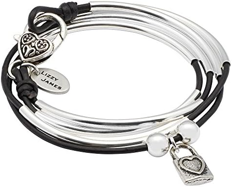 Mini Friendship Wrap with Heart Lock Charm Large Bracelet With Natural Black Leather by Lizzy James