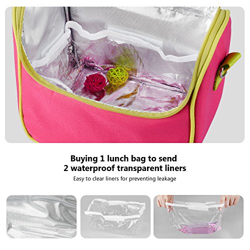 Goldwheat Women Lunch Bag Waterproof Insulated Lunch Tote Bag Cooler Box with 2 Removable Leakproof Liners and Shoulder Strap,Pink - Thumbnail 3