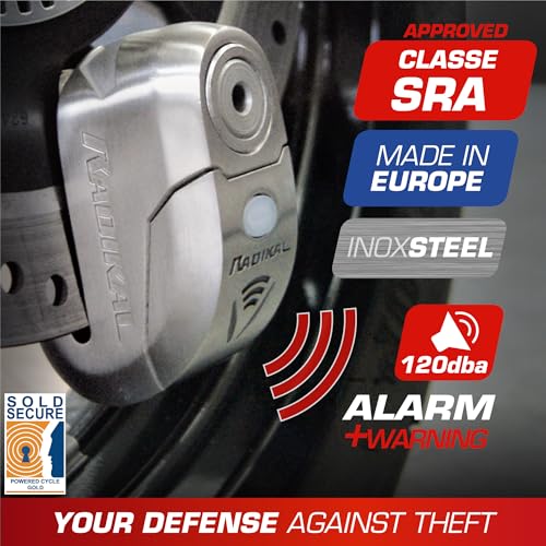 RADIKAL RK14S Premium Motorcycle Alarm Disk Lock 120dB ON/Off, Warning LED Alert, SRA Approved, High Security Anti Theft Brake Disc Lock for Motorbike, 14mm Double Locking Stainless Steel