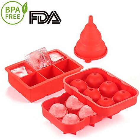 Silicone Ice Cube Tray Combo,2-Inch Large Size Flexible Ice Trays,1.7-Inch Ice Balls for Jelly Pudding,Freezer,Whiskey and Cocktails,Reusable and BPA Free,(Set of 2) Red