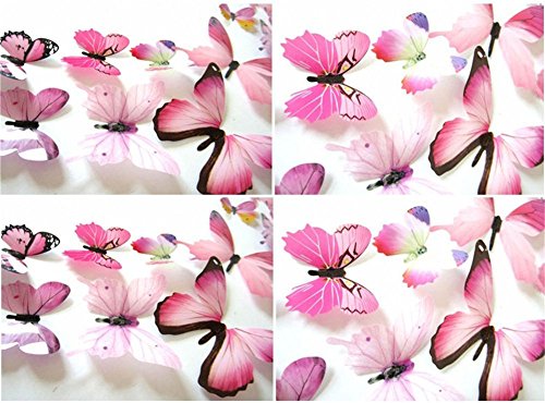 Butterfly Wall Decals, 24 Pcs 3D Butterfly Removable Mural Stickers Wall Stickers Decal Wall Decor for Home and Room Decoration (Pink)