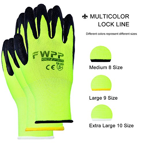 FWPP High Visibility Latex Coated Work Gloves,Soft Handiness Wearproof Skid Resistance Comfortable Wrinkle Safety Protective Glove,Pack of 12Pairs Large, Fluorescence Yellow