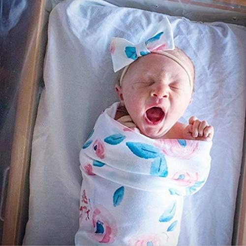 ONERIOME Newborn Swaddle Blankets with Bowknot Casual Cute Print Bow Headband Swaddles Wrap Towel Set Blankets & Swaddling