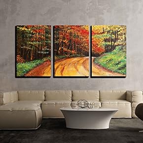Colourfull Original Oil Painting Showing a Road Forest x3 Panels