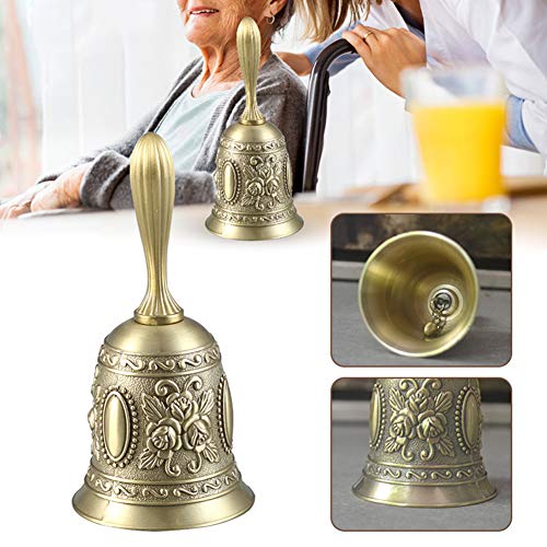 Hand Bell, Classic Metal Loud Call Bell Traditional School Library Alarm Hand Bell for Reception Dinner, Last Order, Hotel Service, Meditation Prayer, Pet Feeding and Home Decoration (Gold)