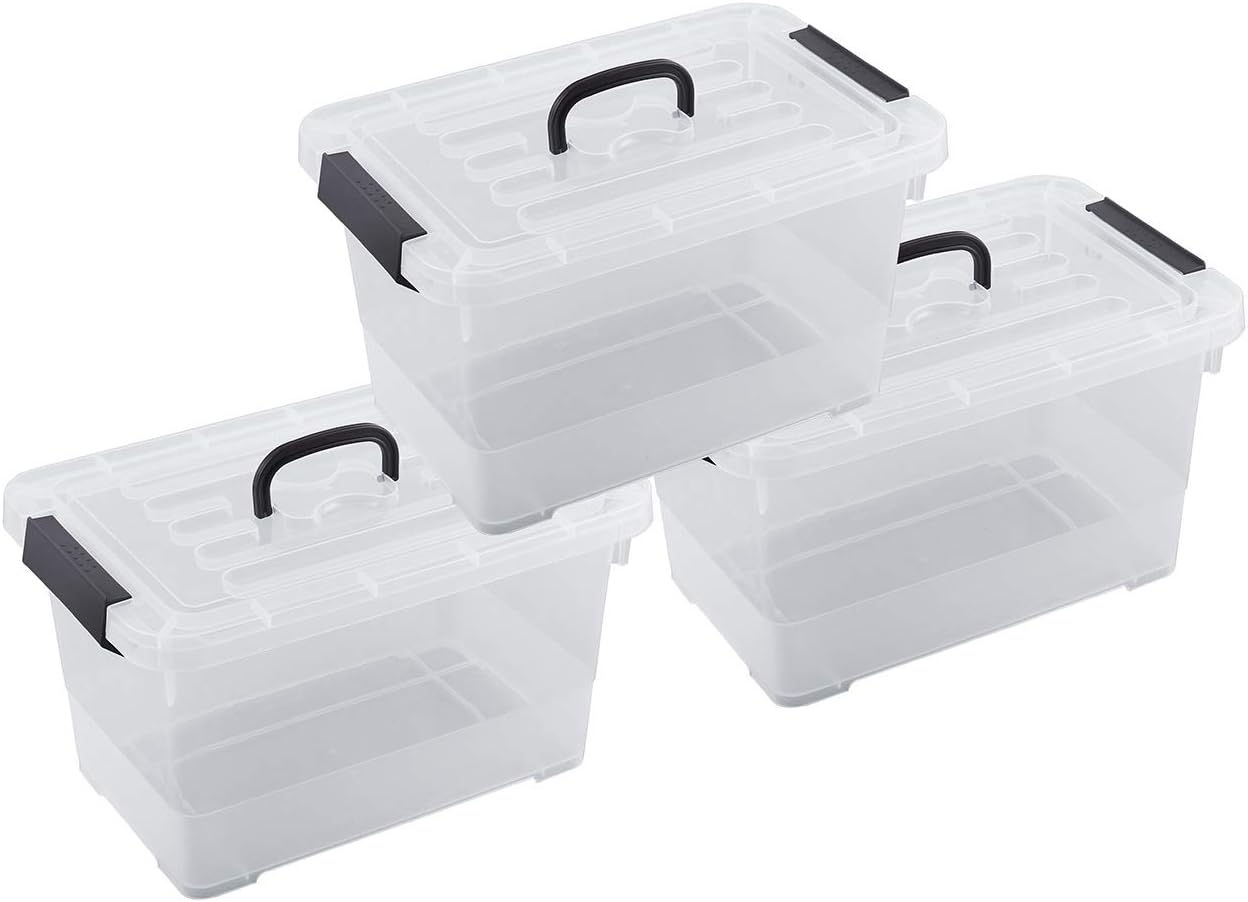 Livable Clear Plastic Storage Box with Black Handle, 11 Quart Storage Bin with Latch/Lid, 3 Pack