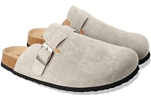 SATUSTA Clogs for Women Suede Soft Leather Clogs Classic Cork Clog Antislip Slippers Waterproof Mules House Sandals Buckle
