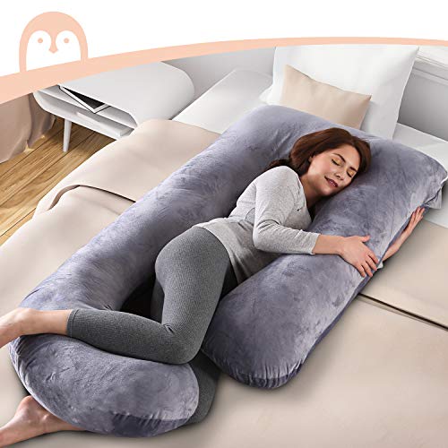 momcozy almohada de embarazo, almohada de maternidad de cuerpo completo en forma de u con funda extraíble, almohadas de embarazo de 57 pulgadas para dormir, gris