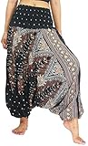 NaLuck Women's Bohemian Hobo Boho Hippie Floral Print Baggy Jumpsuit Rayon Smocked Waist Yoga Aladdin Harem Pants Relaxation PH06-Black, Free Size