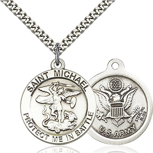 Sterling Silver St. Michael Pendant 1 X 1 5/8 inches with Heavy Curb Chain