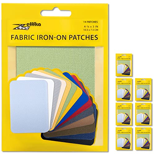 ZEFFFKA 8 PACKAGES Premium Quality Fabric Iron-on Patches Inside & Outside Durable Glue 100% Cotton Blue Gray Beige Brown Yellow Red Green Decorating Kit 14 Pieces Size 3