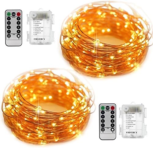 2 Pack LED String Lights Dimmable with Remote Control, Battery Powered 8 Modes Waterproof Copper Wire Firefly Decorative Lights For Bedroom Wedding Festival Decor Parties 16.4ft 50 Led, Warm White