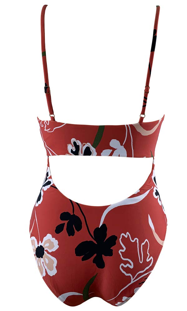 Agreya Women\'s high Slit Halter Back one-Piece Swimsuit (Rusty red Flowers, S)