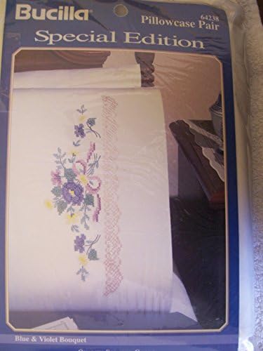 Pillowcase Pair Blue and Violet Bouquet - Bucilla Special Edition Stamped Cross Stitch Kit 64238