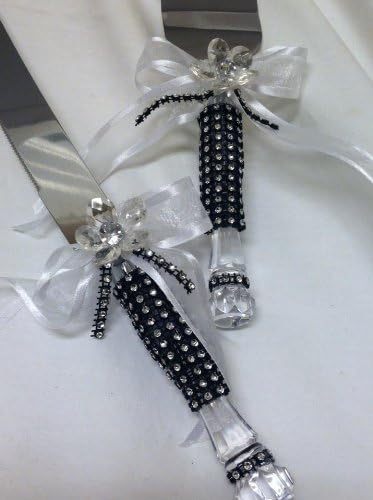 Black and White Cake Knife Server Set with Simulted Rhinestones