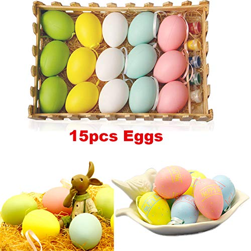 ZaH DIY Easter Eggs Toys Kit Funny Drawing Painting Eggs Set for Boys Girls Kids Easter Decor Home Decoration Ornaments Props Gift (15pcs Plastic Eggs, Paint Brush, Paint, 1 Wooden Fence)