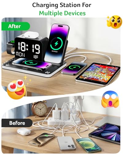 Acer Gadget 7-in-1 Wireless Charging Station Charger Stand for Multiple Devices for Apple - iPhone 17 16 15 14 13 12 Pro Max Apple Watch Airpods, Wireless iPhone Charger Station with Bluetooth TimeSyn