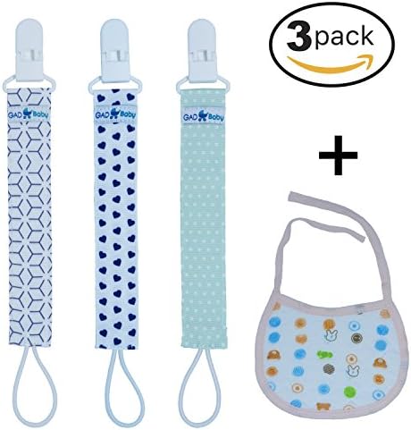 GAD Baby Pacifier Clips Set: 3-Pack Pacifier Holders + Baby Bib Gift/ Stylish, Sturdy, Durable Newborn Soother Holders w Safe Plastic Clips/ Cute Pacifier Clips for Boys &amp; Girls/ Great Shower Gift