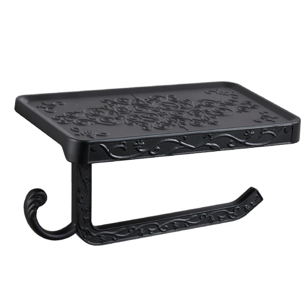 Vintage Toilet Paper Holder Wall Mount Toilet Roll Holder with Shelf and Hook Bronze Antique Bathroom Accessories Toilet Tissue Roll Holder Hanger Aluminum Material (Black)