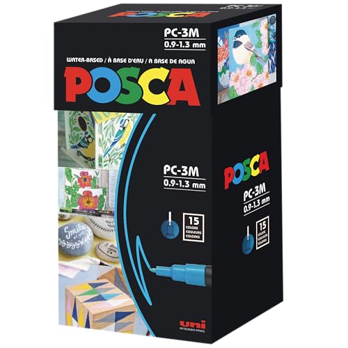 posca Paint Markers, 3M Fine Point Acrylic Paint Pens with Reversible Tips, Art Supplies For Gifts, Decorations Fabric, Metal, Glass, Wood and Canvas, Set of 15
