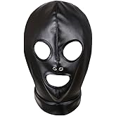 Black Leather Full Face Mask Hood Head Cover Headgear Hat with Drawstring Adjustable Hollow Out Masquerade Party Club Costume