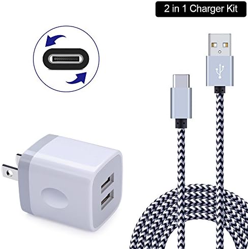 Phone Charging Block, HUHUTA 2.1A Dual USB Port Charger Brick Plug Cube Box with 6FT Nylon USB C Cable Charger Cord for Samsung S8 S9, LG G6 G5 V20 V30, Google Pixel, Nexus 5X/6P