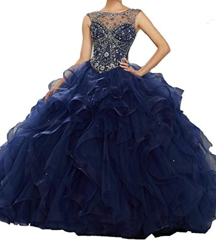 Jeweled Illusion Neckline Flounced Ball Gown Quinceanera Dress For Women 6 US Navy