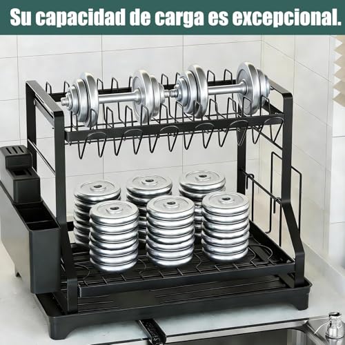 2 Niveles Escurridor de Platos Profesional,Escurridor de Trastes Acero Inoxidable con Bandeja de Canaleta en 360°,con Sistema de Drenaje Automático,Soporte para Vajilla,Vasos,Cubiertos y Utensilios