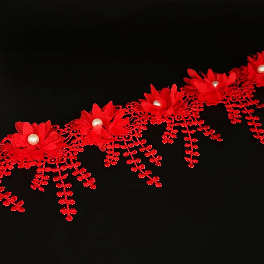 Photo 1 of 1 Yard Flower Pearl Beads Edge Trim Ribbon Floral Appliques Embroidered Lace Fabric Sewing Lace for Wedding Bridal Dress Clothes Costume Hat Decoration (Red, 1 Yard)
